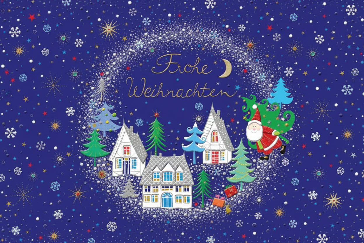 Weihnachtskarte mit Weihnachtsmann mit Tanne und Häuser - Avaloon Party-Deko-Geschenke