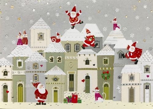 Postkarte mit Weihnachtsmänner in verschneiter Dorflandschaft - Avaloon Party-Deko-Geschenke
