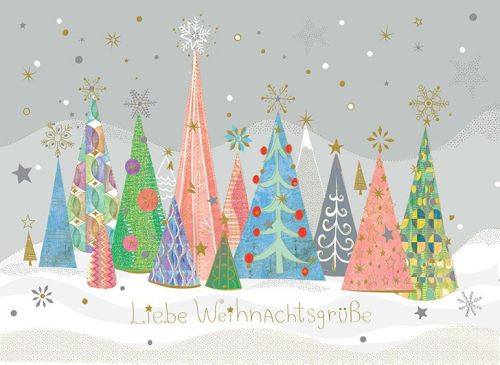 Postkarte Weihnachten mit farbigen Christbäumen - Avaloon Party-Deko-Geschenke