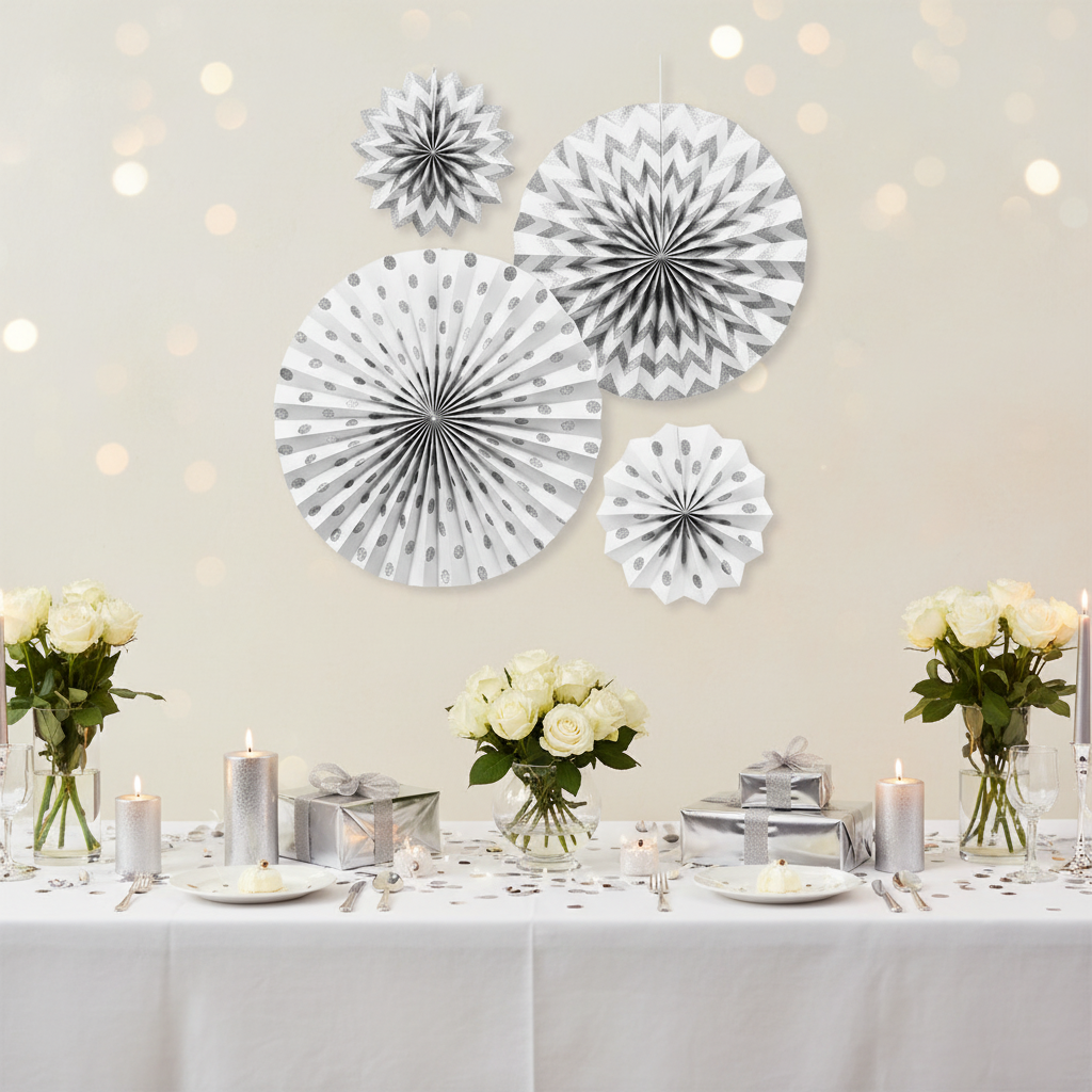 Dekofächer Glitzer Weiss Papier 4 Stk