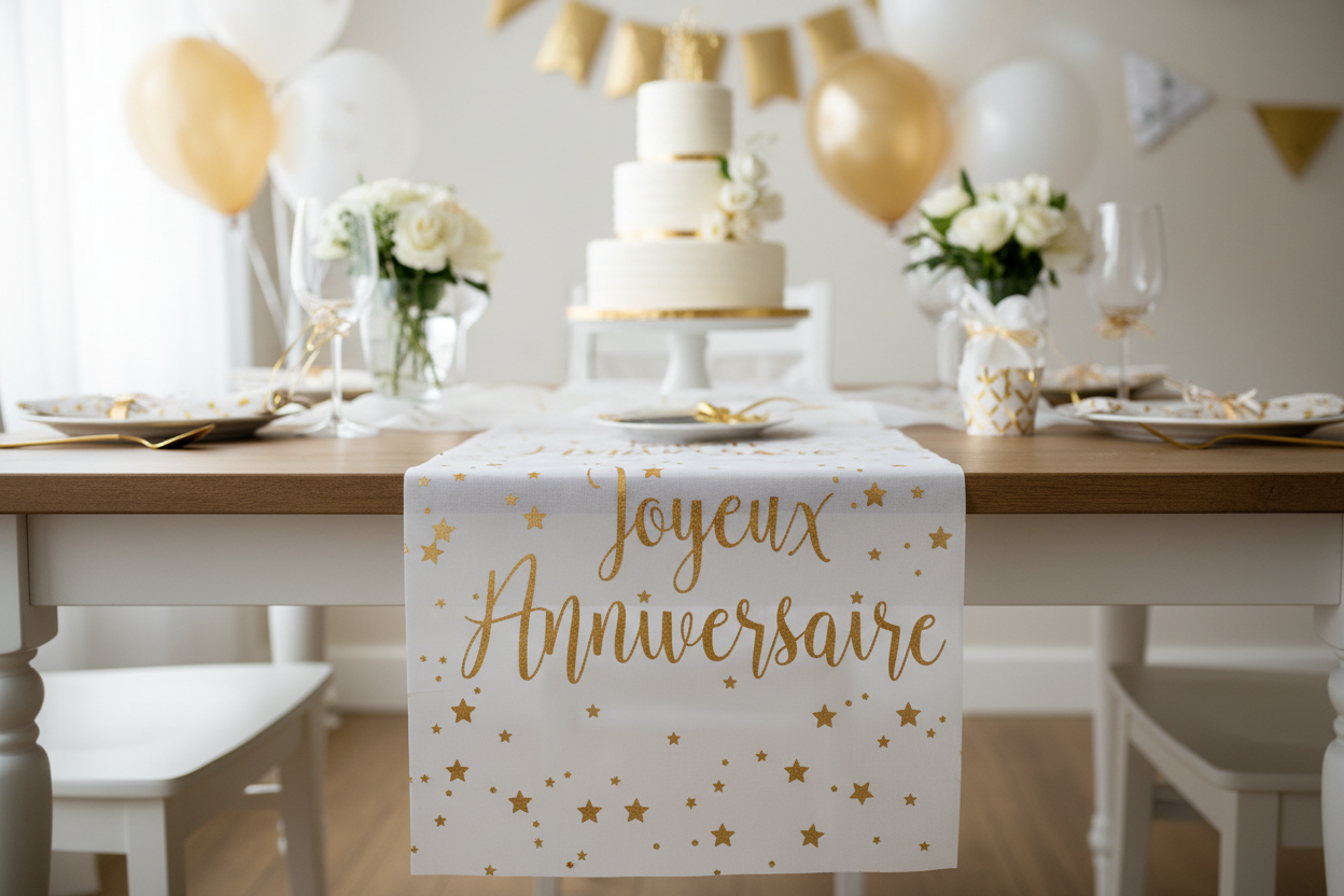 Table runner Happy Birthday in metallic look, White