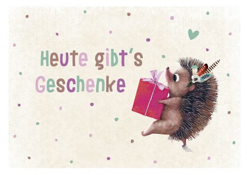 Postkarte mit süssem Igel und rotes Geschenk - Avaloon Party-Deko-Geschenke