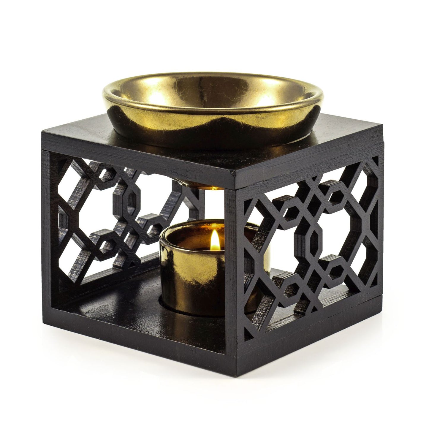 Duftlampe Oriental Holz Keramik schwarz gold