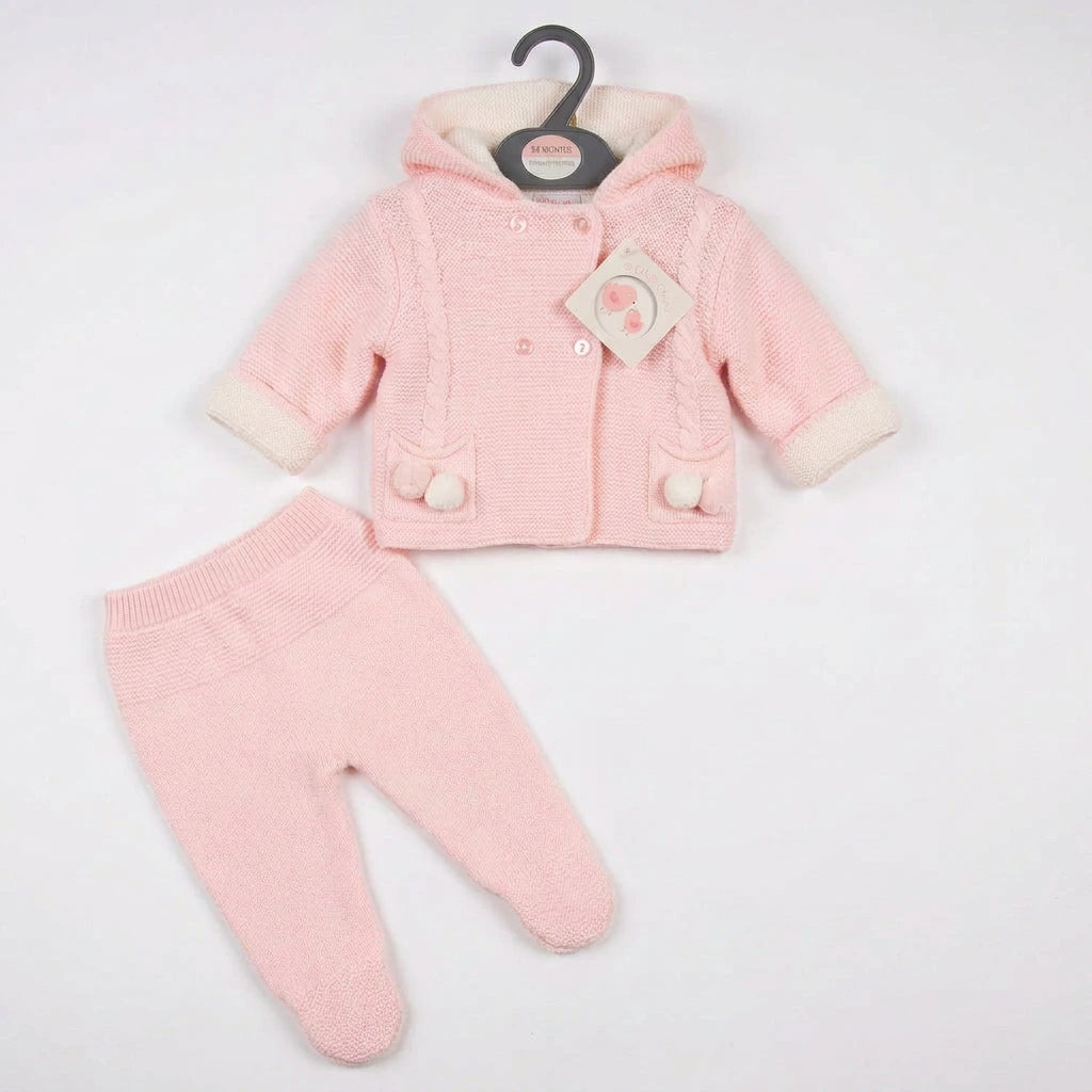 Baby-Mädchen-Strick-Zweiteiler mit Kapuze – Rosa
