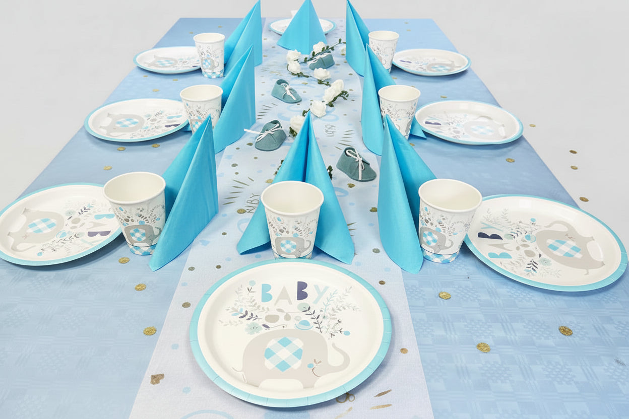 Babyparty Deko Junge Elefant Tischset für bis zu 8 Gäste, kleiner Elefant - Avaloon Party-Deko-Geschenke