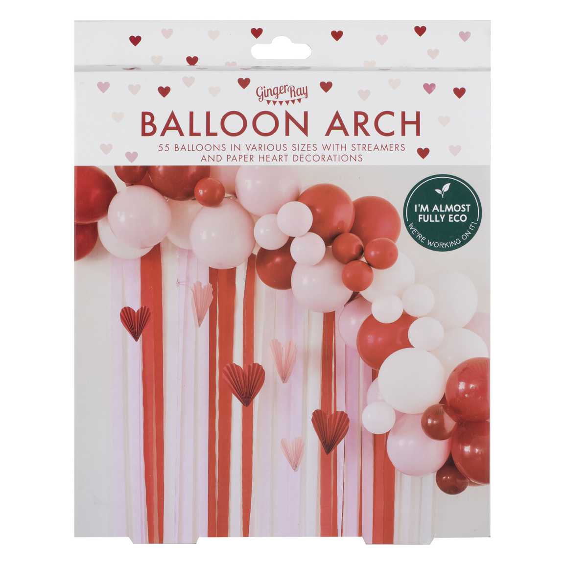 Ballonbogen-Partyhintergrund mit Luftschlangen und Herzdekorationen