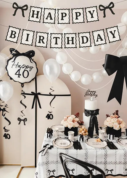 Banner Happy Birthday Schleifen, 100 cm, creme-schwarz