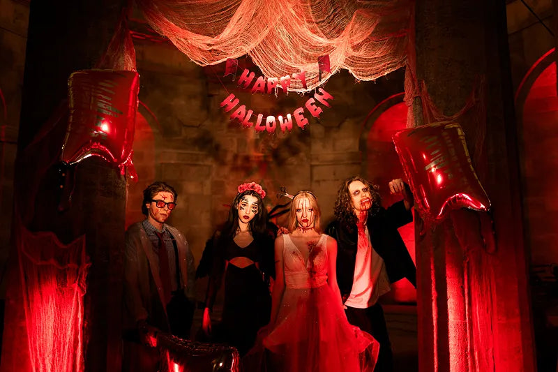Banner Happy Halloween mit Hackmessern, 120 cm, rot