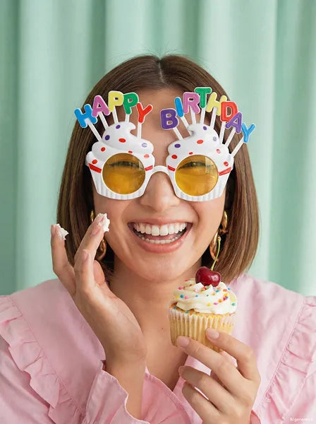 Brille Cupcake Happy Birthday, 18.5x11.5 cm, Weiß