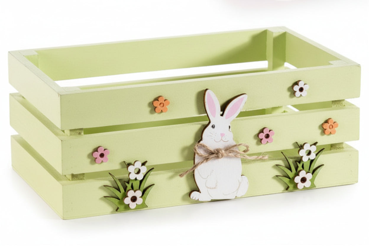 Holzkiste mit weißen Hasen und kleinen Blumen - Avaloon Party-Deko-Geschenke
