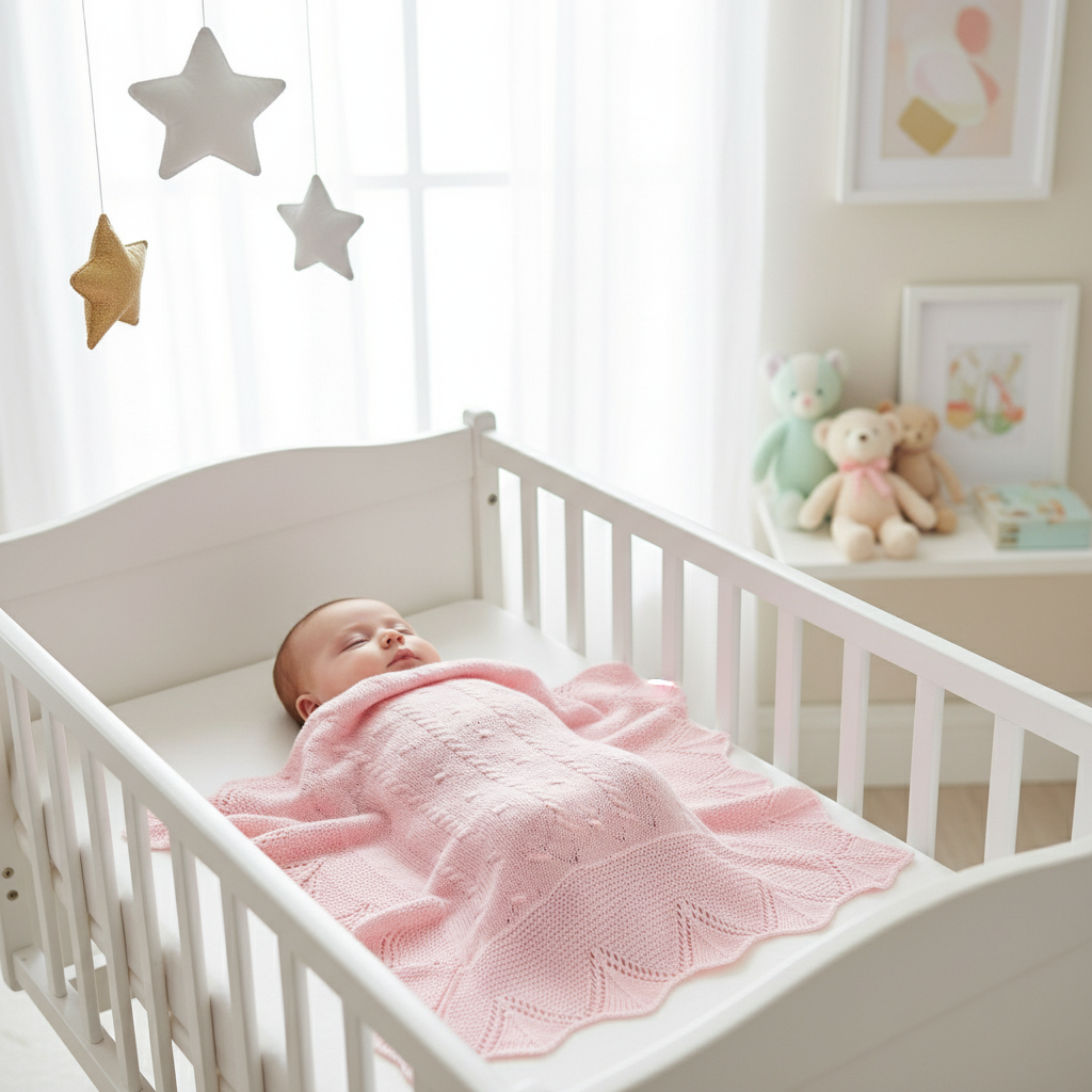 Baby knitted blanket with zigzag edge, pattern, and bow