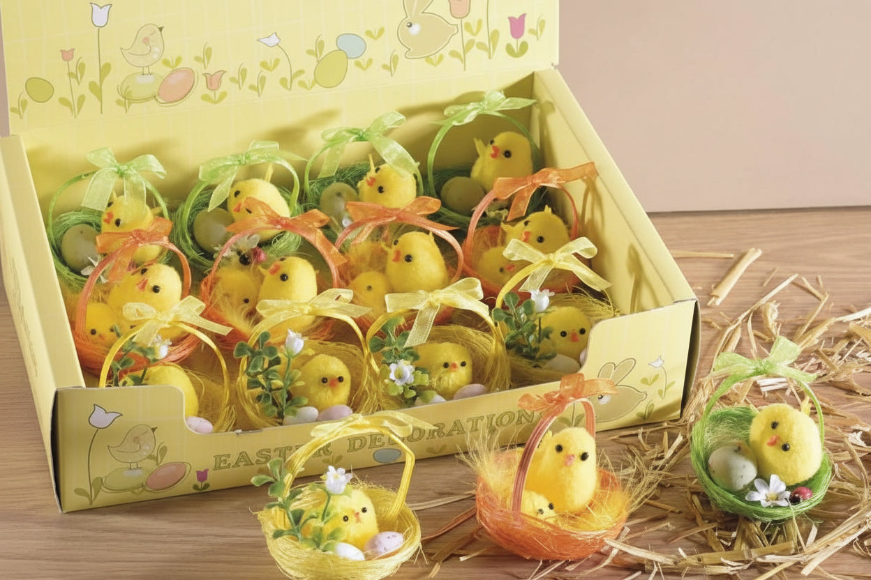 Display mit 12 Küken in bunten Körben und Eiern - Avaloon Party-Deko-Geschenke