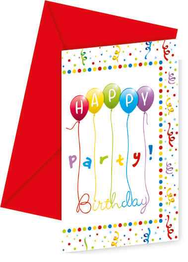 Einladungskarten, Happy Birthday Luftschlangen, Umschläge, 6 Stück