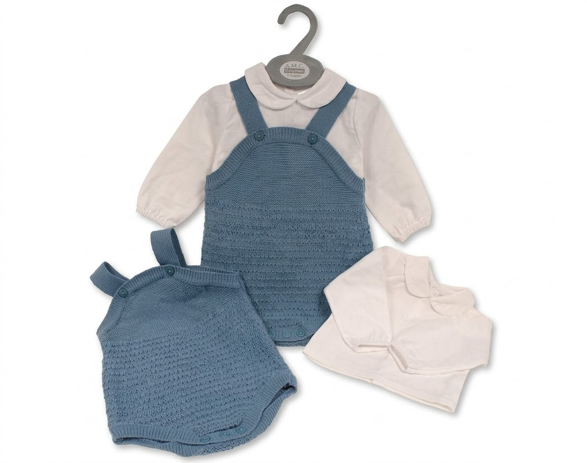 Baby-Jungen-Strick-Zweiteiler mit Latzstrampler – Blau