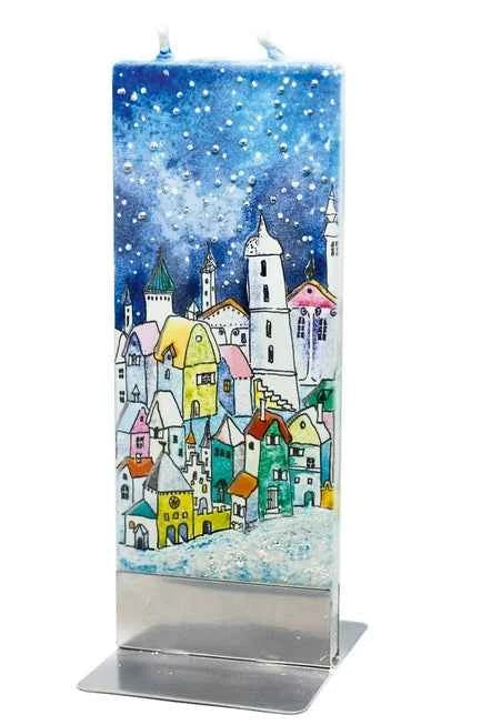 Flache handgemachte Kerze-Winterstadt blauer Himmel