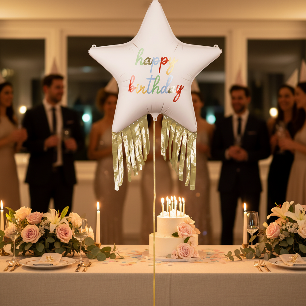 Folienballon Stern mit Fransen Happy Birthday 72x72 cm, Mix