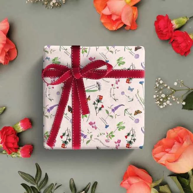 Geschenkpapier Schmetterlings Blumen, 3 Stück, 1 Design mit rosafarbenen Blumen - Avaloon Party-Deko-Geschenke