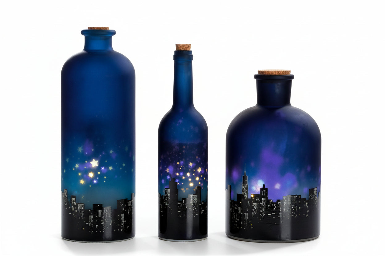 Glas LED Flasche Skyline Blau - Avaloon Party-Deko-Geschenke