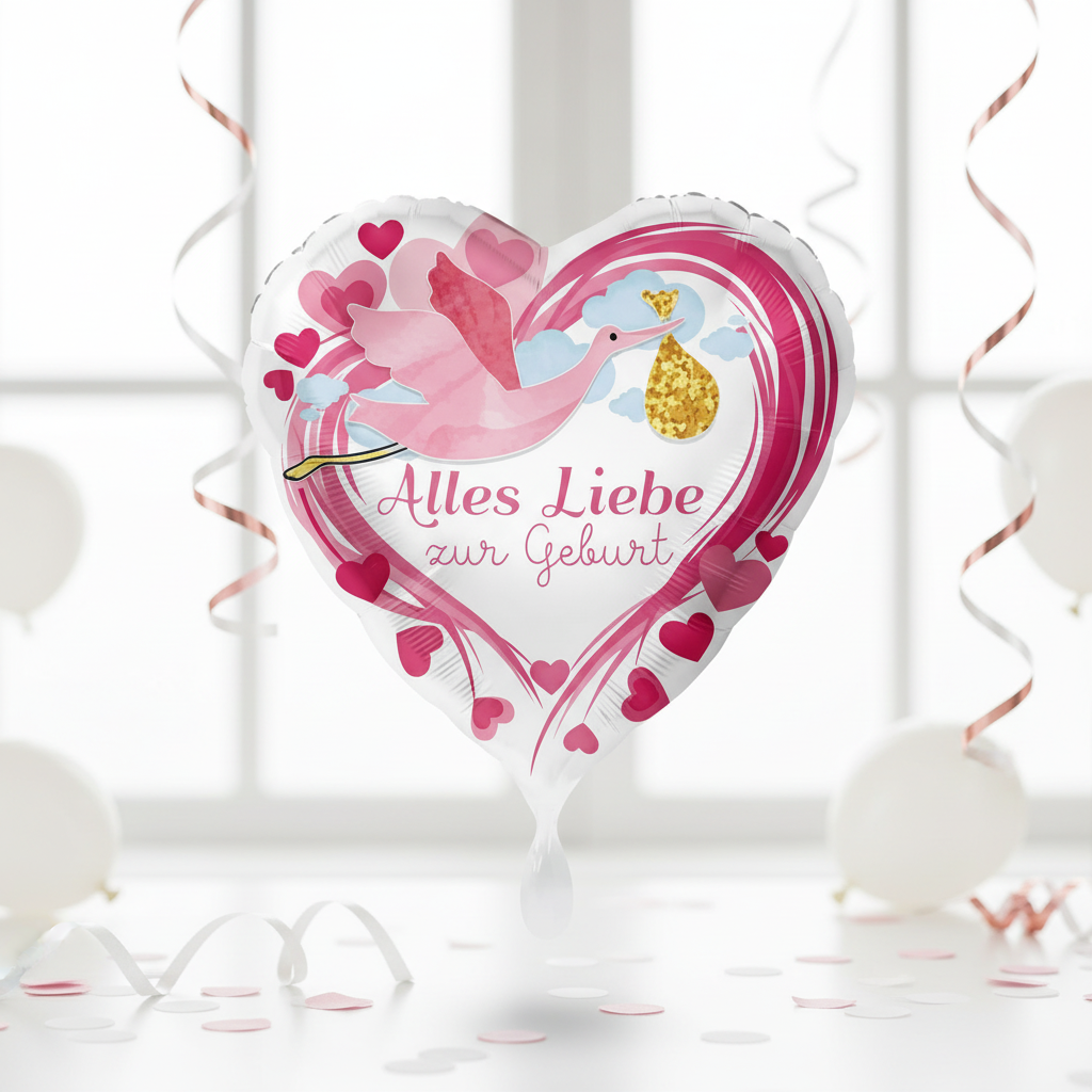 Herzförmiger Folienballon, Alles Liebe zur Geburt
