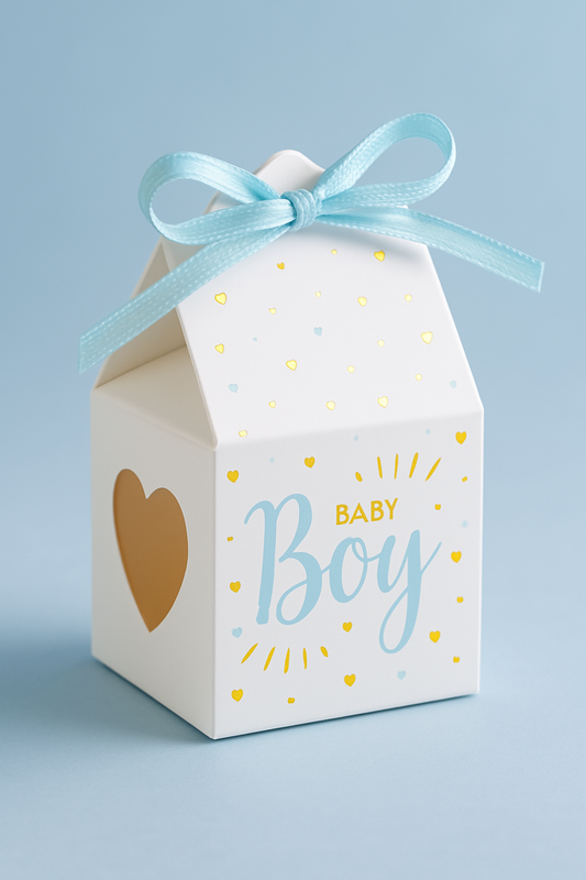 Mini Geschenkschachteln Baby Junge im 6er Pack mit blauen SatinbÀndern - Avaloon Party-Deko-Geschenke