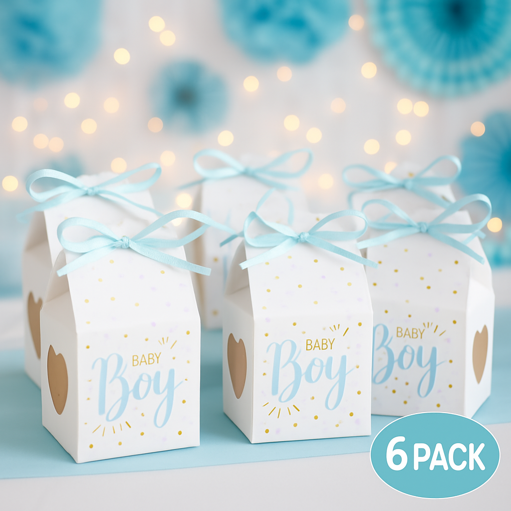 Mini Geschenkschachteln Baby Junge im 6er Pack mit blauen Satinbändern