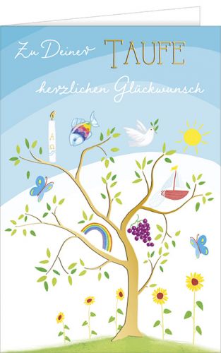Karte zur Taufe mit Kommunionssymbolen und goldigem Baum - Avaloon Party-Deko-Geschenke