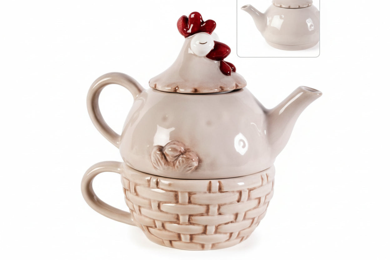 Keramik-Knurrhahn-Teekanne und Tassen-Set - Avaloon Party-Deko-Geschenke