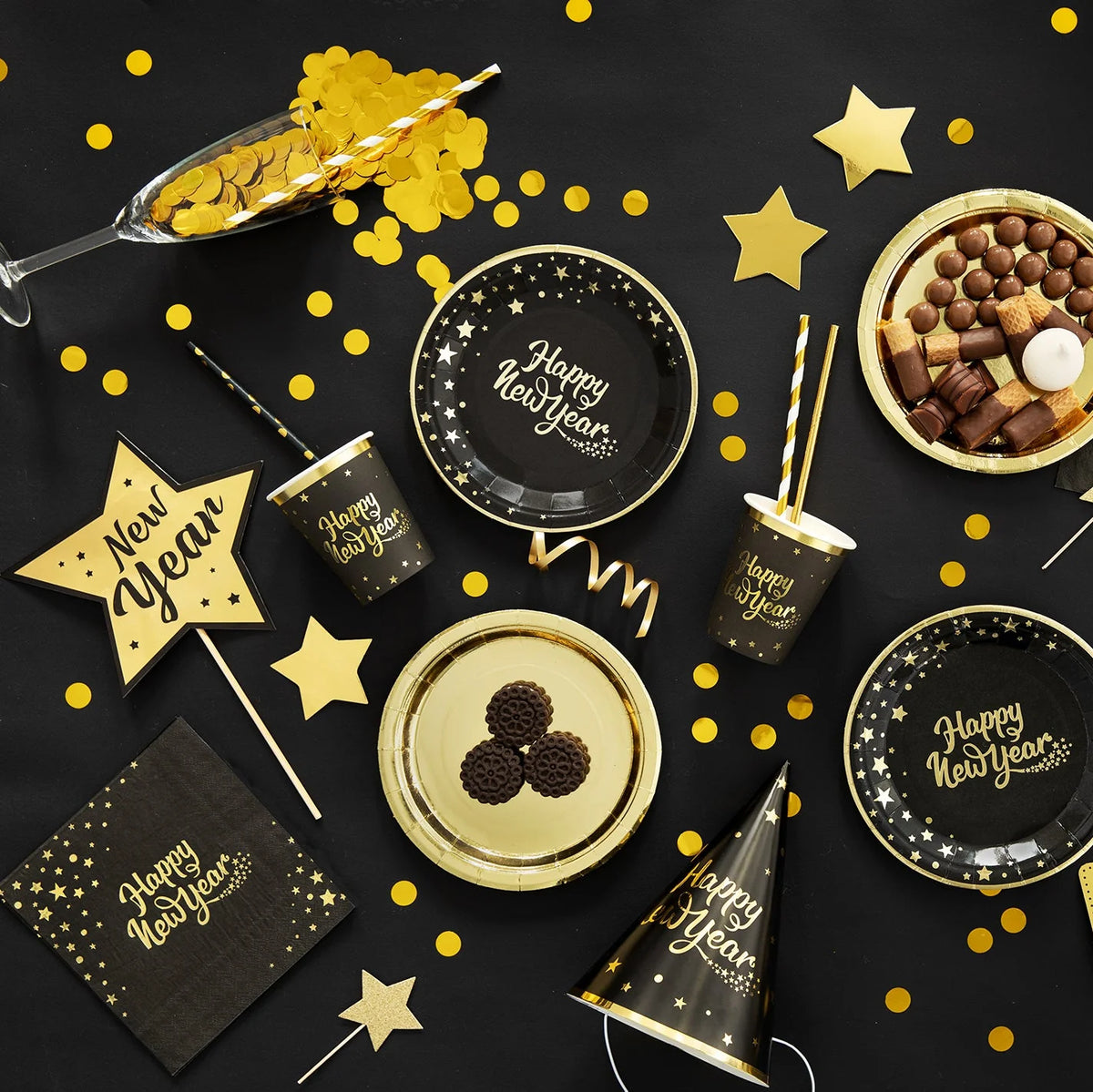 Servietten „Happy New Year“ schwarz-gold – 10 Stück