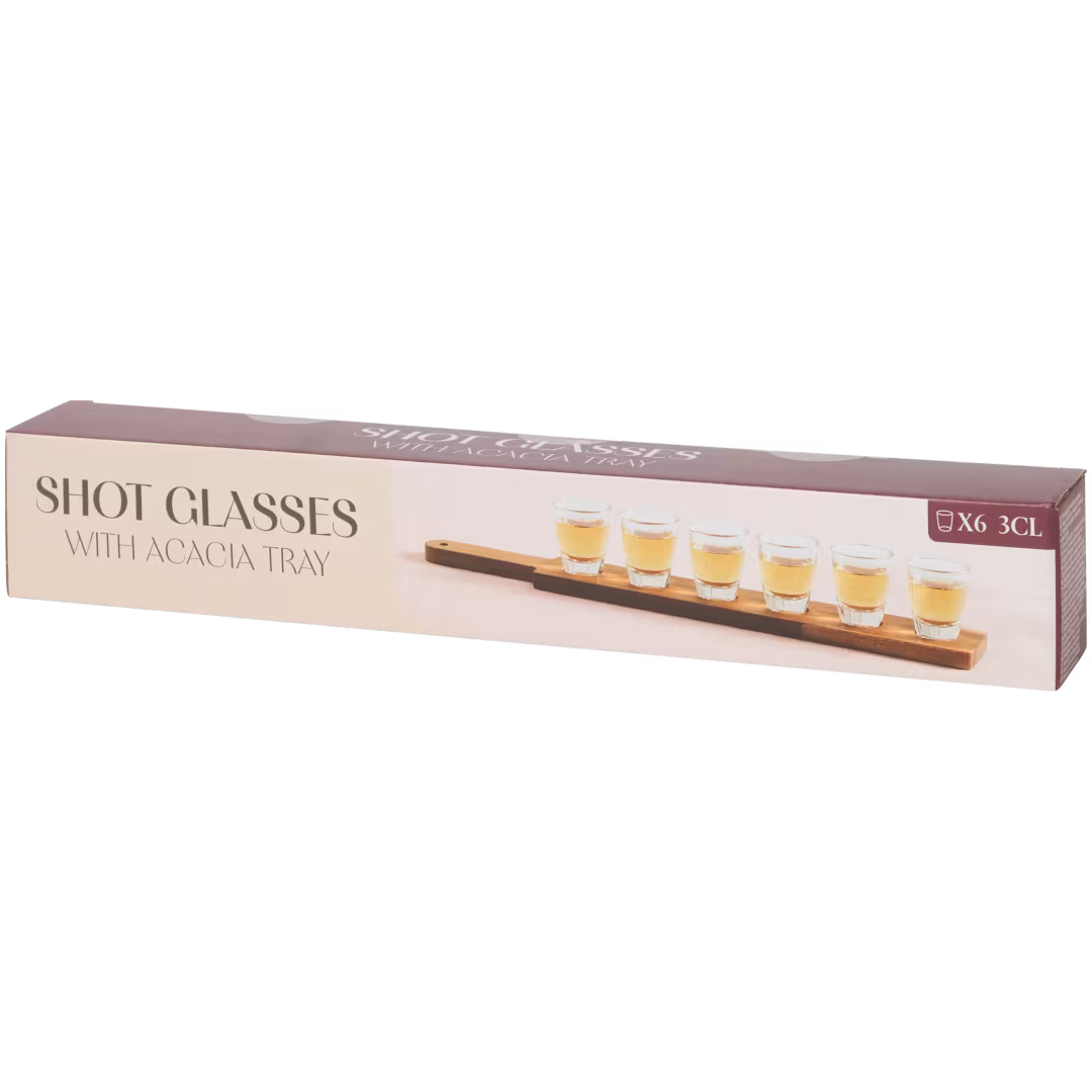 Shotglas-Set mit Servierbrett aus Akazienholz, 7-teilig
