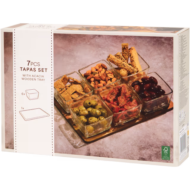 Tapas-Set mit Akazienholz-Tablett und 6 Glasschalen