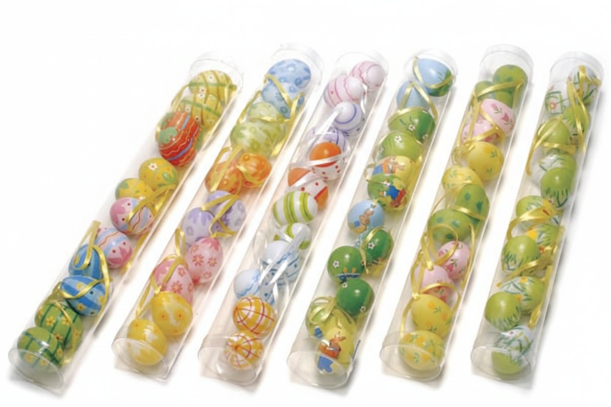 Tube mit 12 handbemalten Mini-Eiern aus Kunststoff zum Aufhängen - Avaloon Party-Deko-Geschenke
