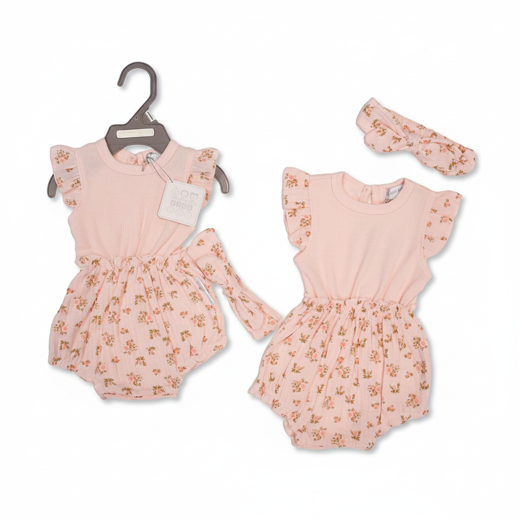 Baby Mädchen Faux-Zweiteiler mit Haarband Rosen - rosa Romper mit Blumenmuster
