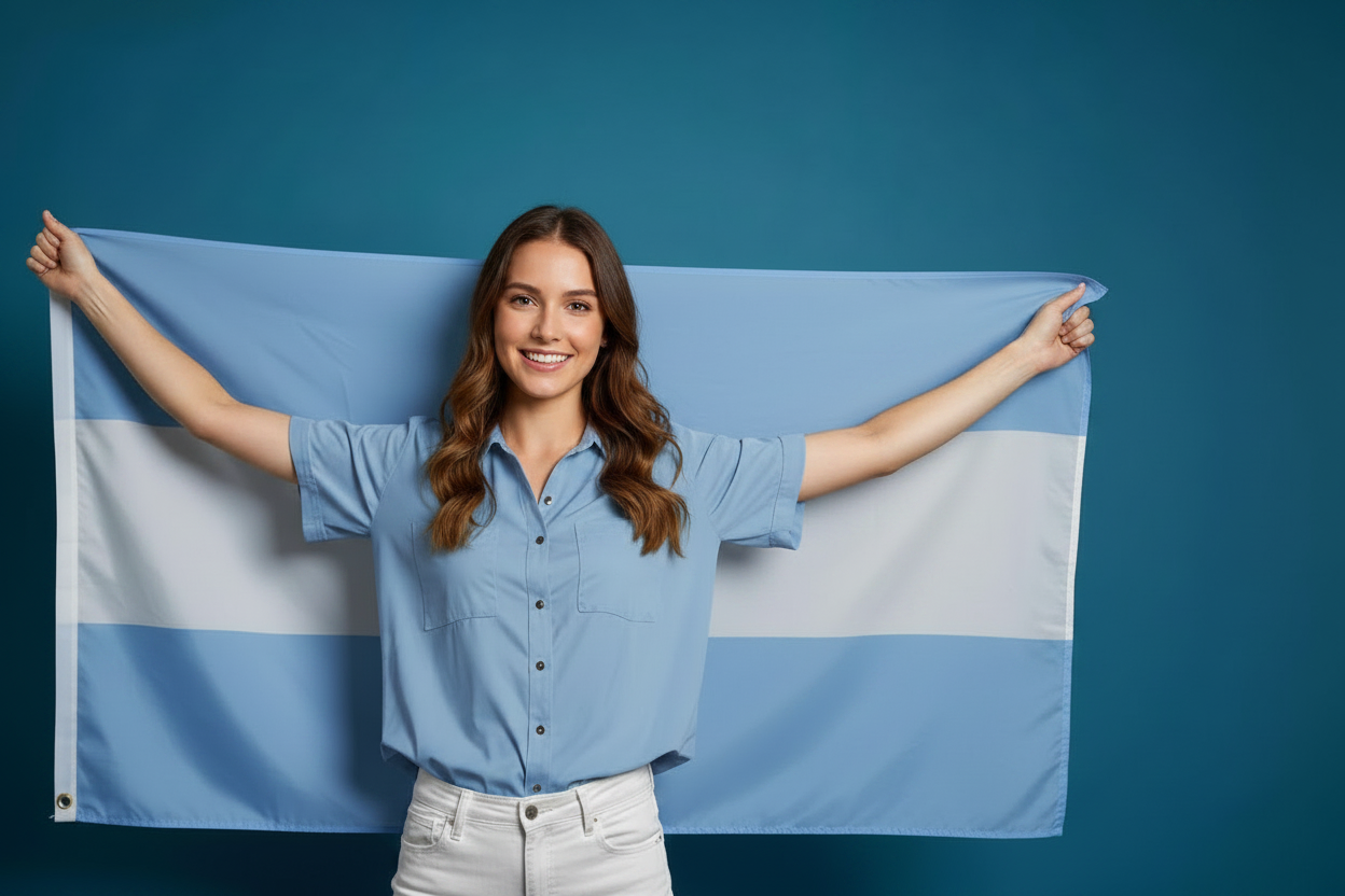 Argentinien Flagge 91x152 cm – Frau mit blau-weißer Kleidung