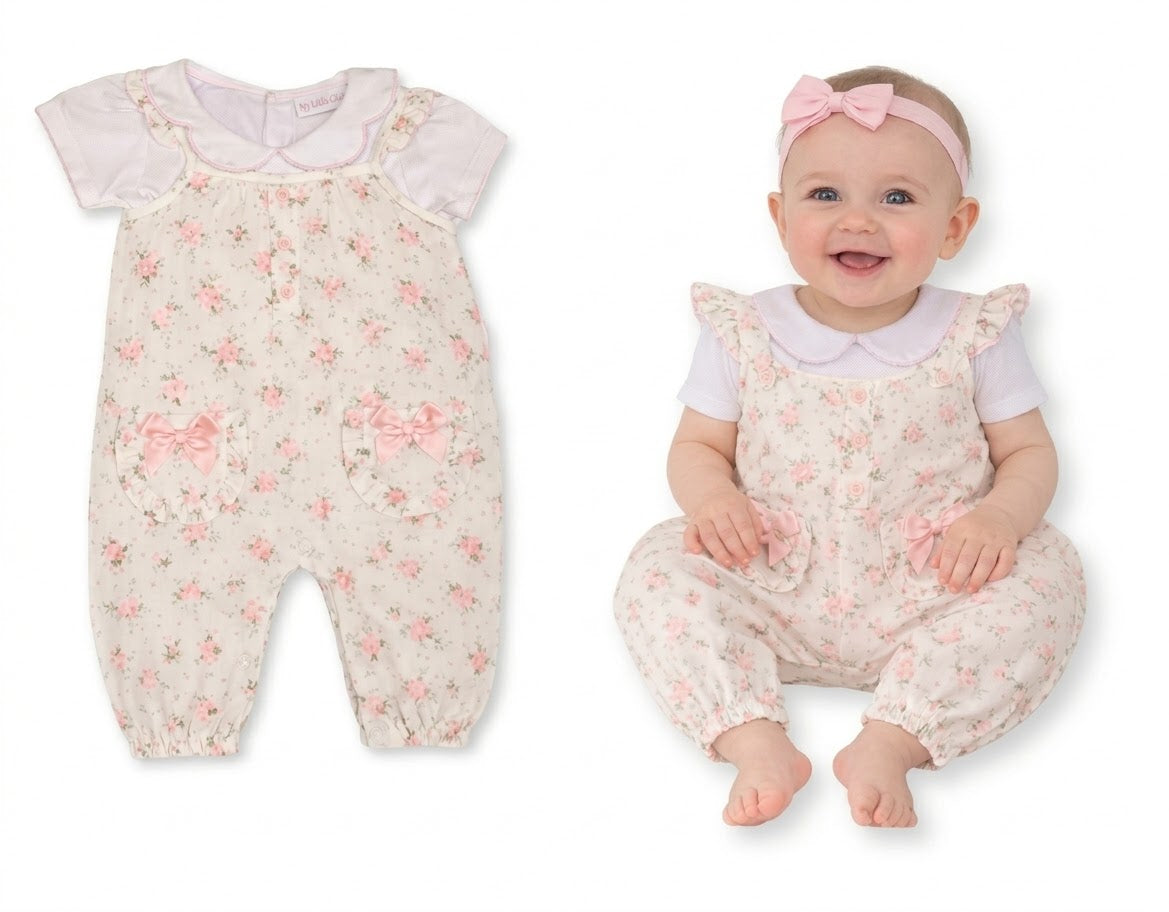 Baby Mädchen Latzhosen Zweiteiler mit Blümchendruck und Schleife