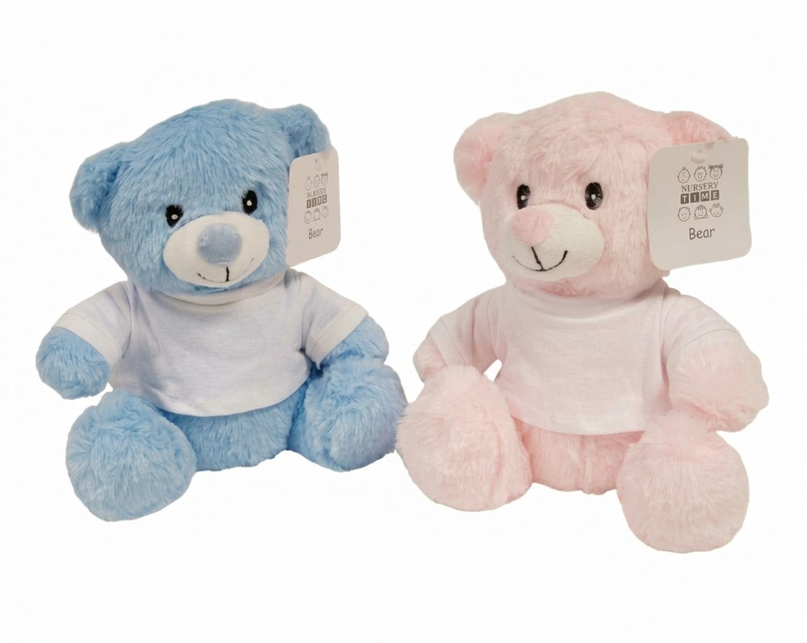 Baby-Teddybär mit T-Shirt – 23 cm, Rosa oder Blau