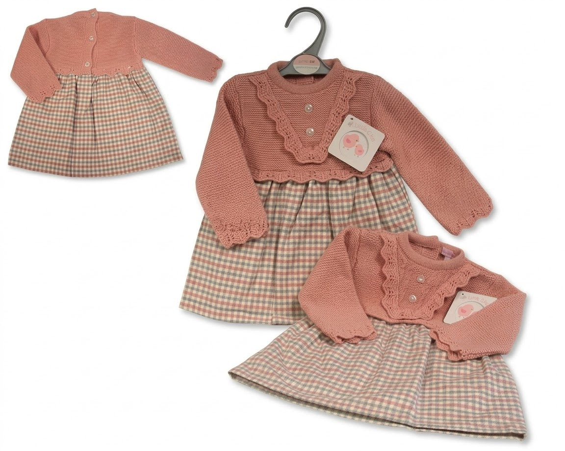 Baby-Mädchen-Strickkleid mit kariertem Rockteil – Rosé