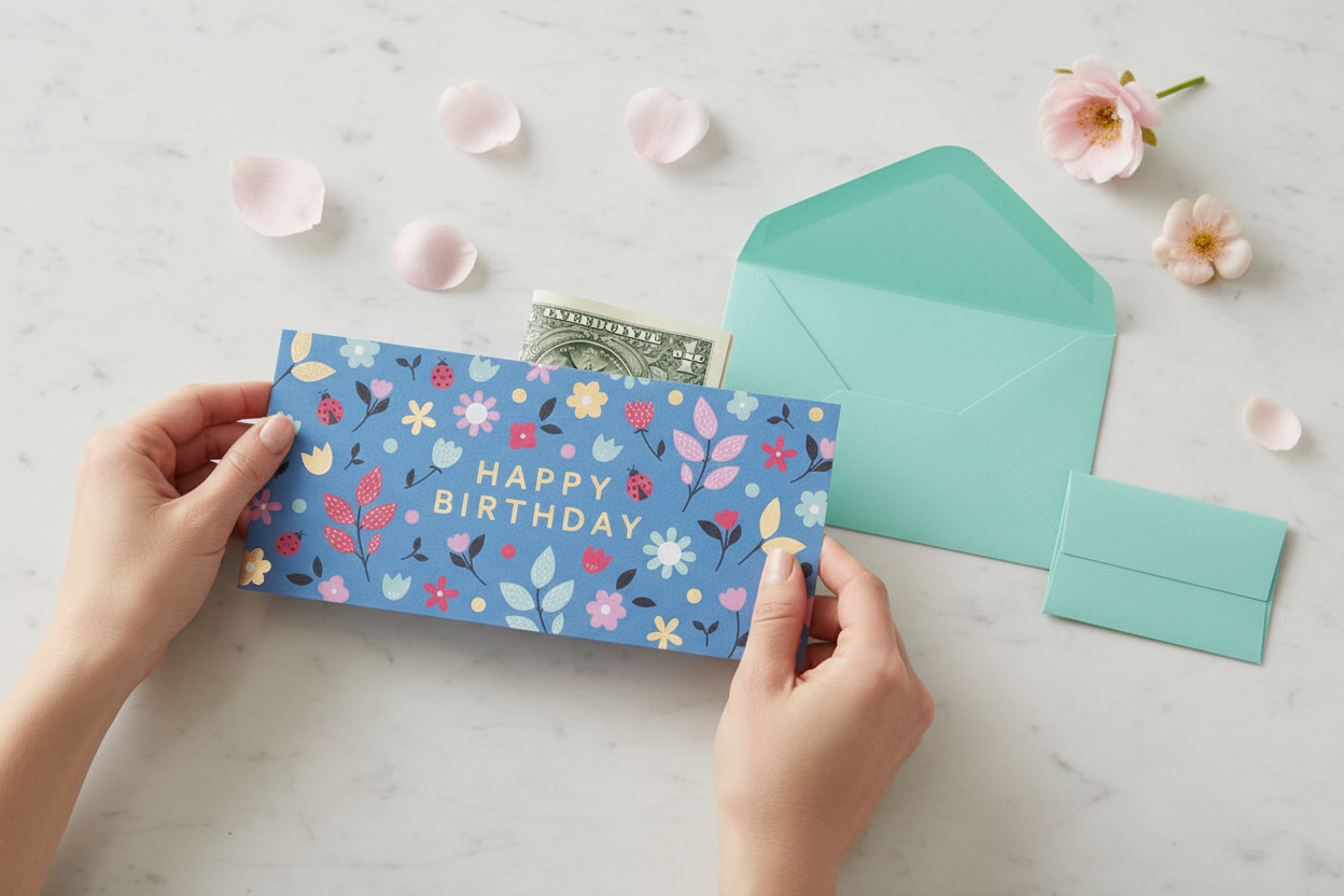 Carte cadeau « Benice » 11x23cm bleue