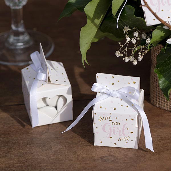 Mini Geschenkschachteln Baby Mädchen im 6er Pack mit rosa Satinbändern - Avaloon Party-Deko-Geschenke
