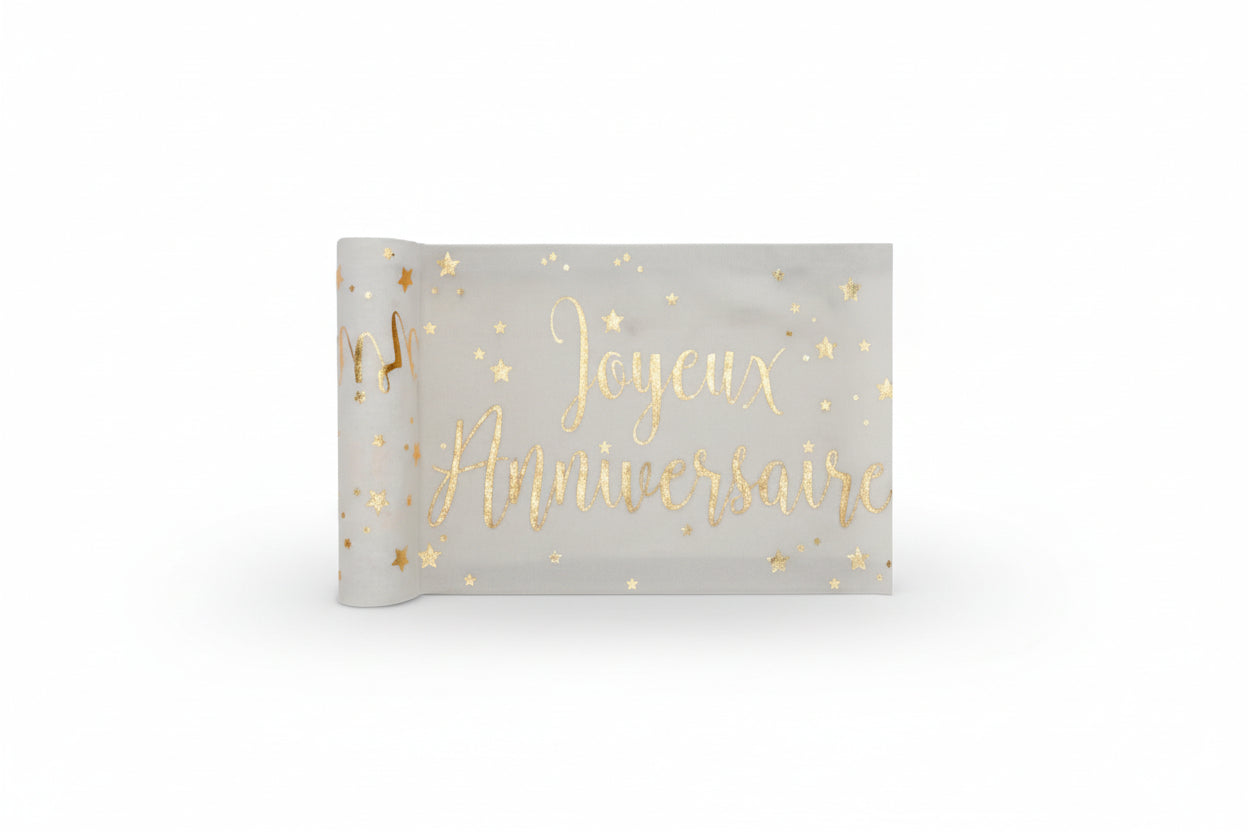 Table runner Happy Birthday in metallic look, White