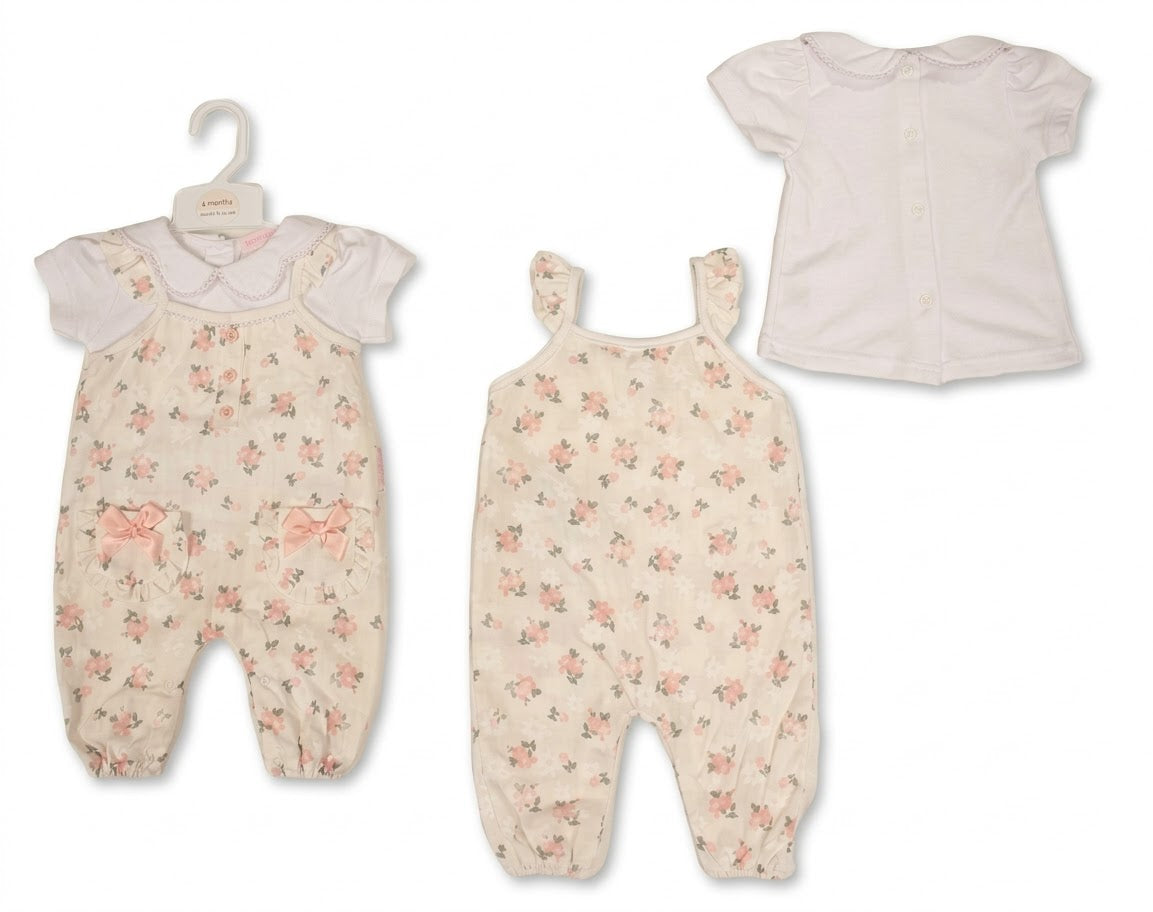 Baby Mädchen Latzhosen Zweiteiler mit Blümchendruck und Schleife
