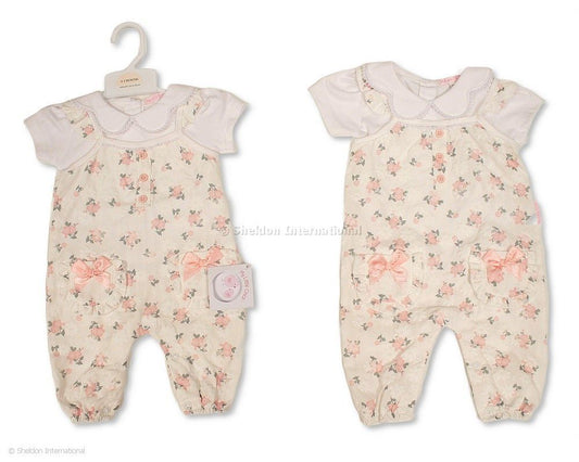 Baby Mädchen Latzhosen Zweiteiler mit Blümchendruck und Schleife