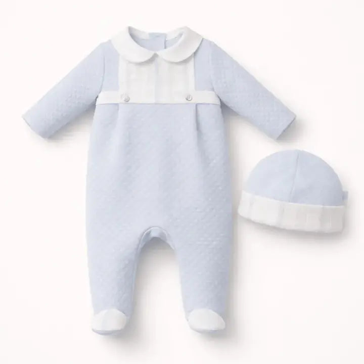 Babygrow & Mütze Set Blau – Rautenstrick mit Stickerei