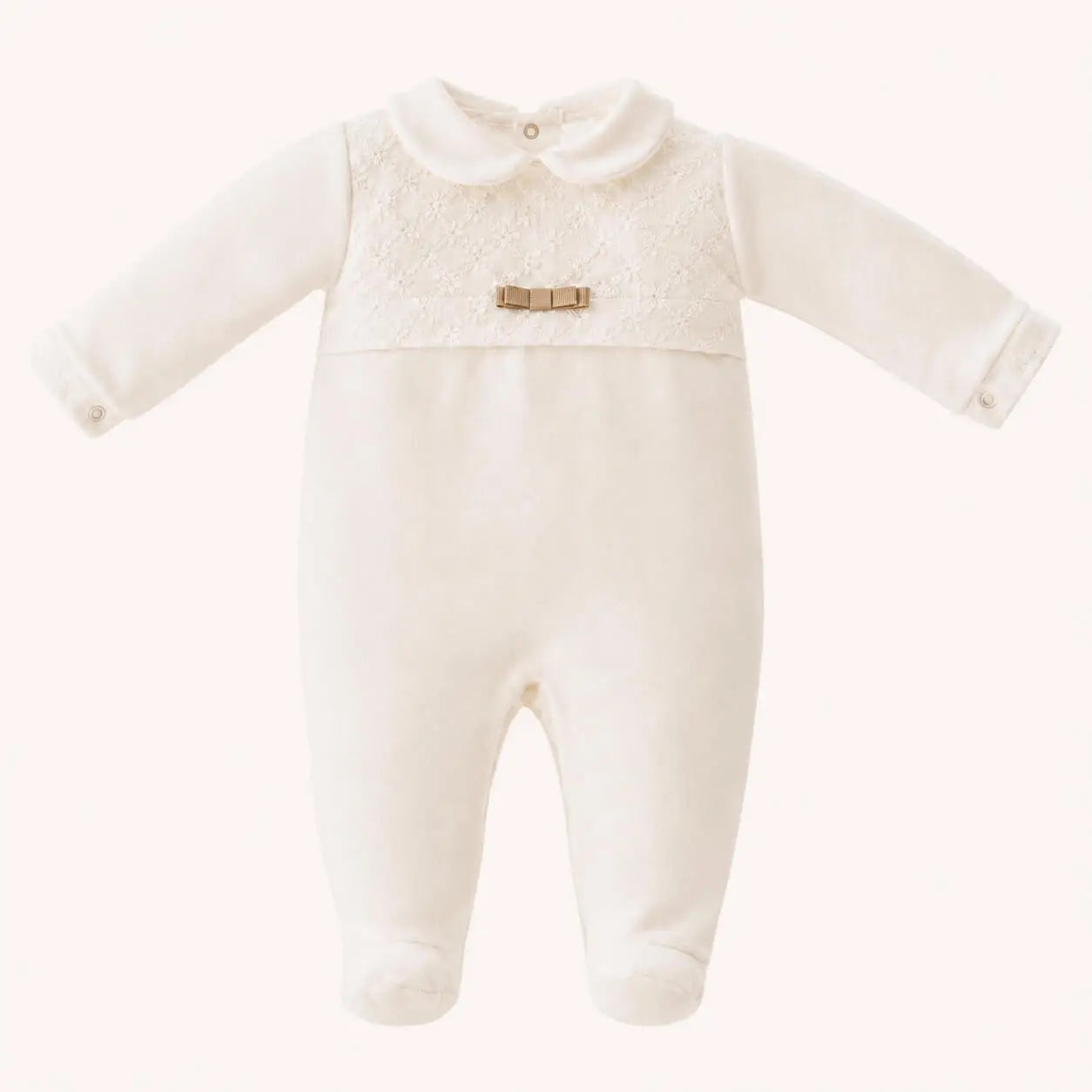 Babygrow & Mütze Set Beige – Samtstrick mit Stickerei