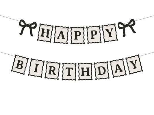 Banner Happy Birthday Schleifen, 100 cm, creme-schwarz