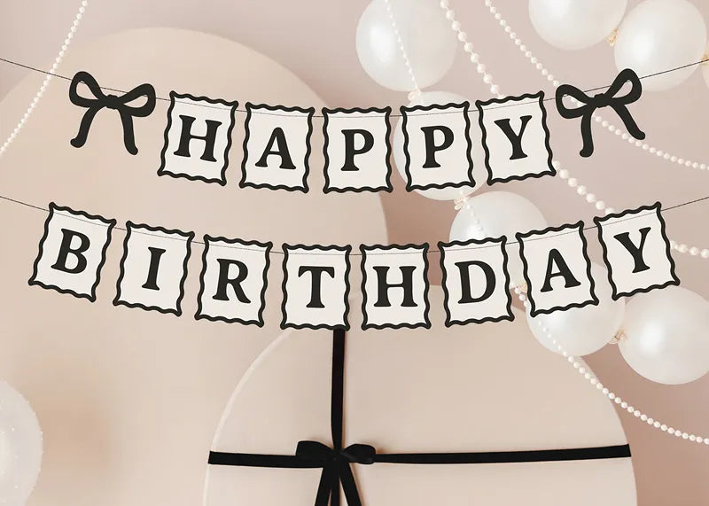 Banner Happy Birthday Schleifen, 100 cm, creme-schwarz