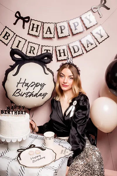Banner Happy Birthday Schleifen, 100 cm, creme-schwarz