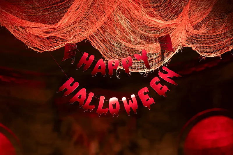 Banner Happy Halloween mit Hackmessern, 120 cm, rot
