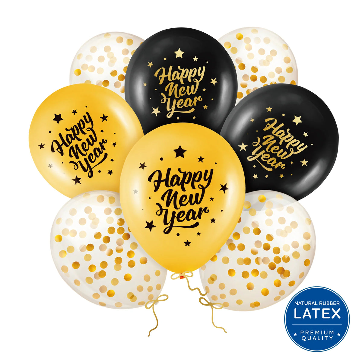 Luftballons „Happy New Year“ schwarz-gold – 30 cm, 8er-Set