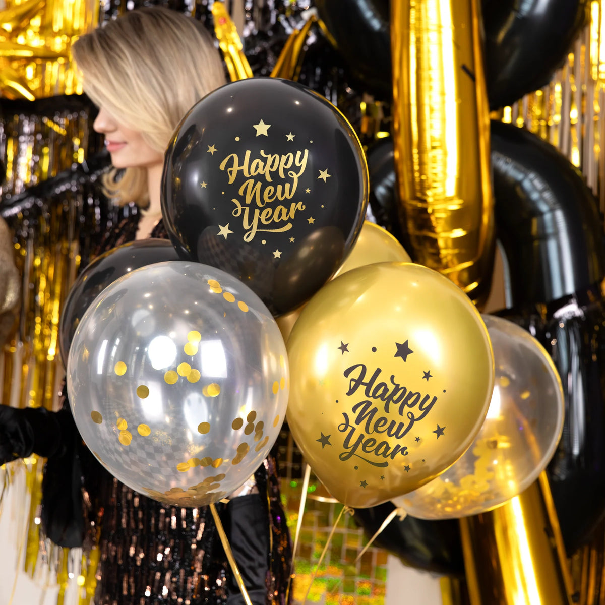 Luftballons „Happy New Year“ schwarz-gold – 30 cm, 8er-Set