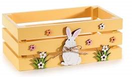 Holzkiste mit weißen Hasen und kleinen Blumen - Avaloon Party-Deko-Geschenke